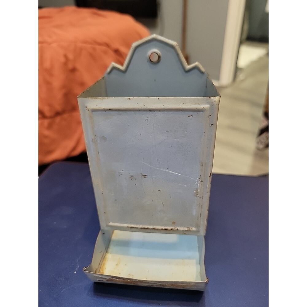 Vintage Tin Metal Farmhouse Kitchen Match Box Holder Wall Mount Rusty Blue